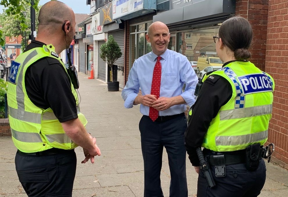 Police officers John Healey MP seeing work done to tackle anti-social behaviour at Manvers.